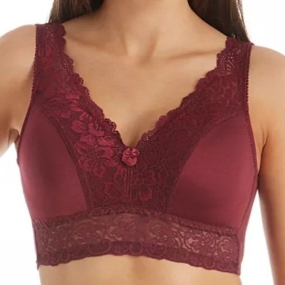 Rhonda Shear NEW Lace Trim Full Coverage Comfort Wirefree Bra Burgundy Size L